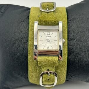 Guess Tank Watch Women Silver Tone Square Green Leather Cuff Band New Battery